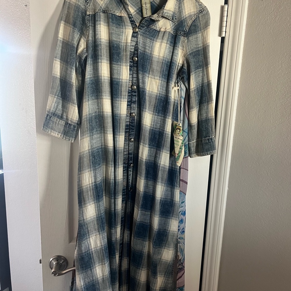Plaid Button-Front Tunic Dress - Blue/White